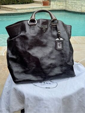 Prada Black Glossy Leather Top-Handle Tote
